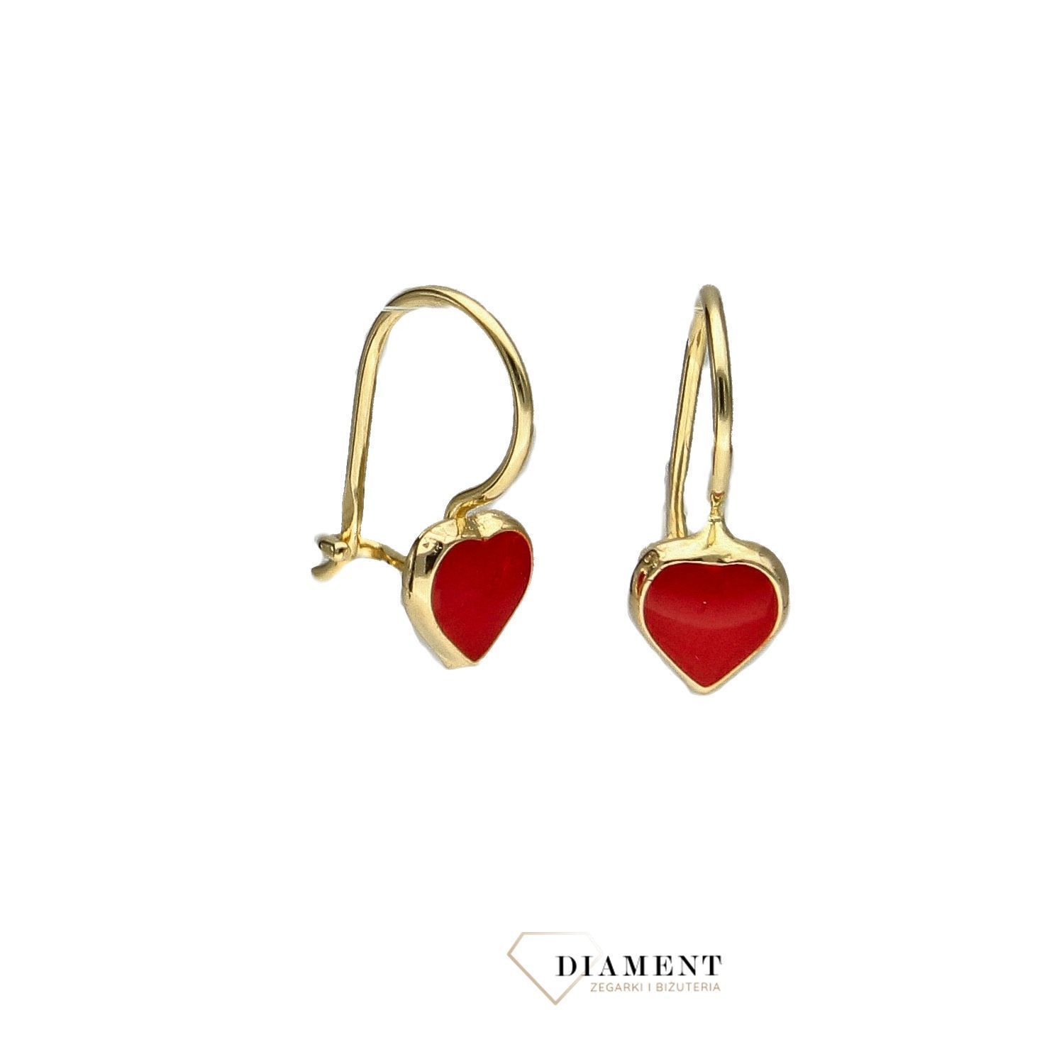 Złote kolczyki dla dziewczynki czerwone serduszko z emalii KL 3596A.jpg